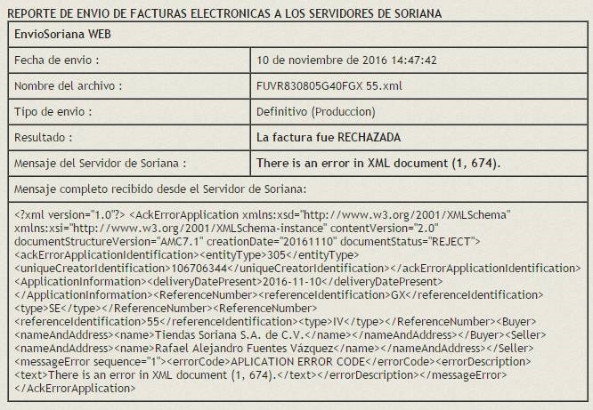 Error que aparece al enviar las facturas