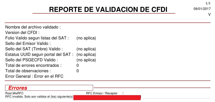 Reporte de validación con el error de RFC Inválido
