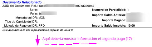 termina de mostrar la información del primer pago, pero no se detalla ni muestra información del segundo pago.