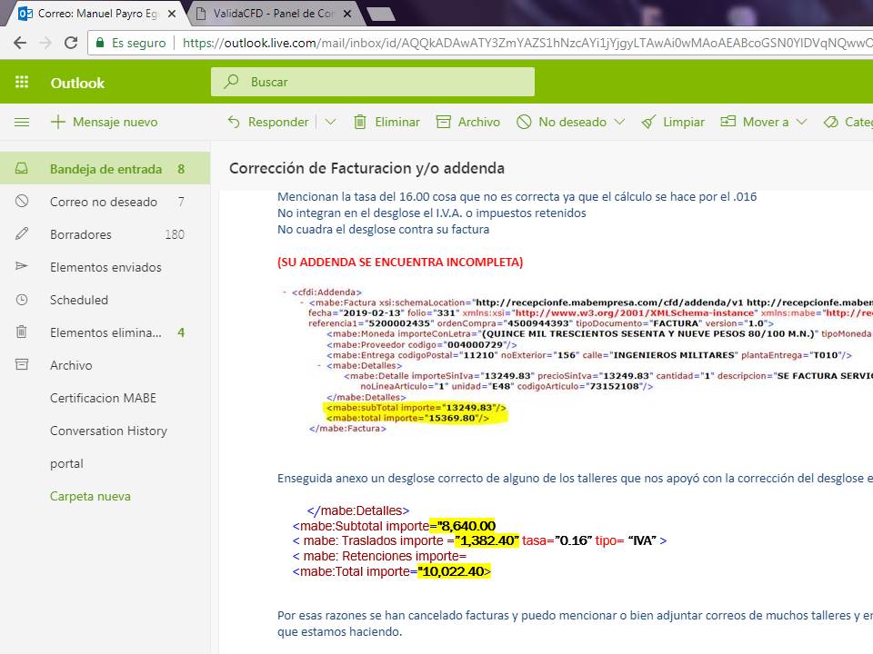 error en addenda mabe